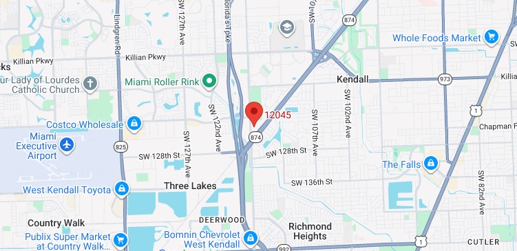 Map showing Arcade Odyssey location at 12045 SW 117th Ave, Miami, FL 33186